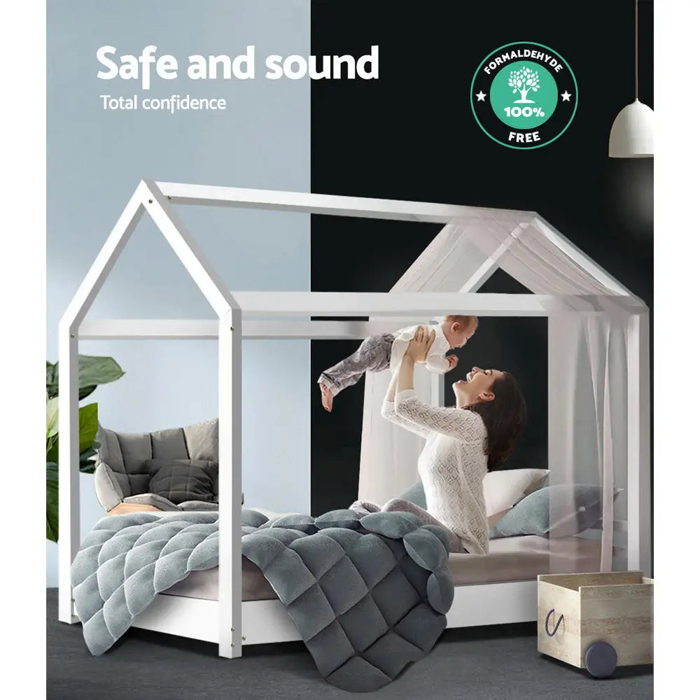 Artiss Bed Frame Wooden Kids House Frame White CASA - Furniture > Bedroom