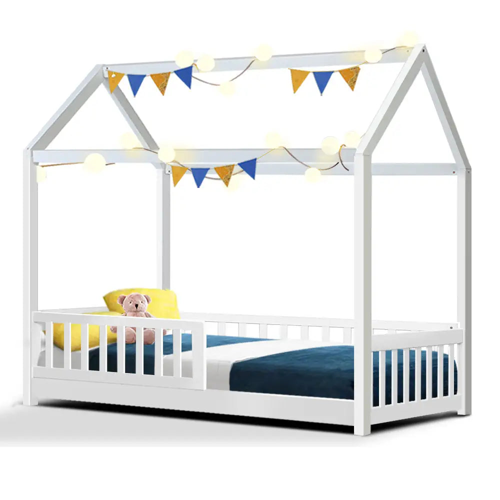 Artiss Bed Frame Wooden Kids House Frame White ROCK - Furniture > Bedroom