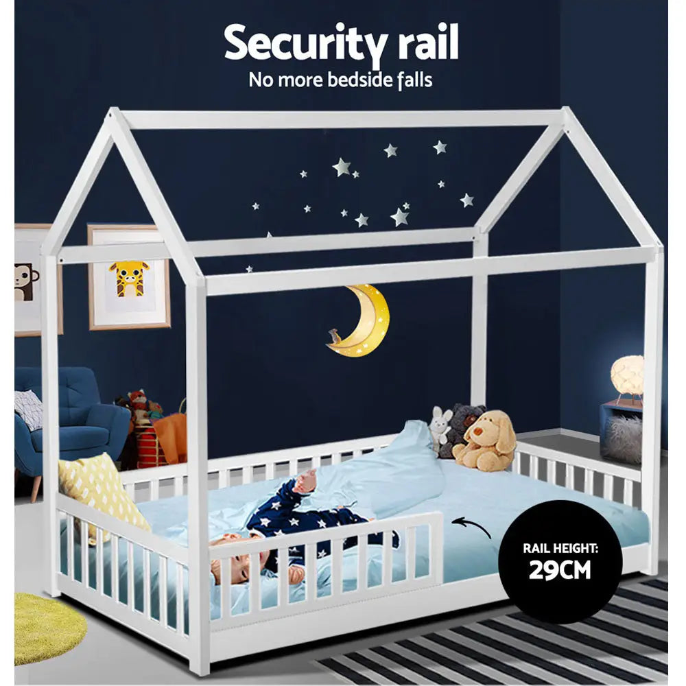 Artiss Bed Frame Wooden Kids House Frame White ROCK - Furniture > Bedroom