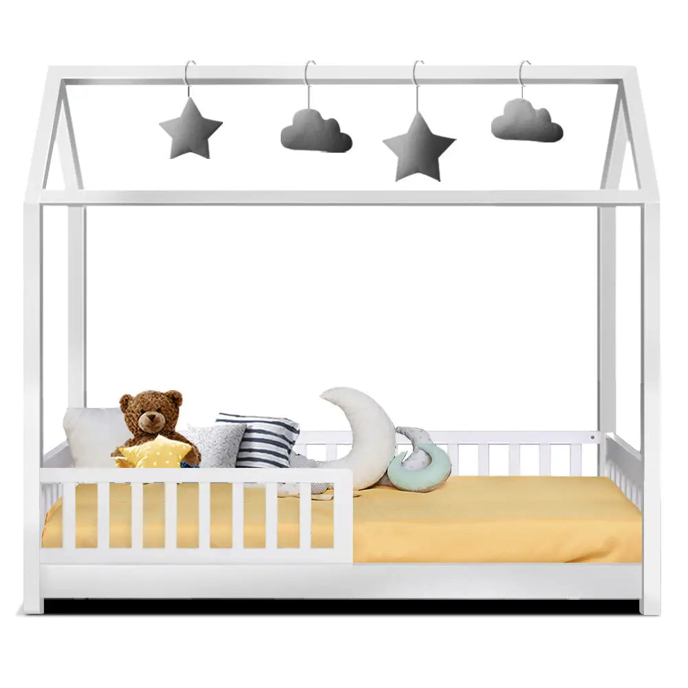 Artiss Bed Frame Wooden Kids House Frame White ROCK - Furniture > Bedroom