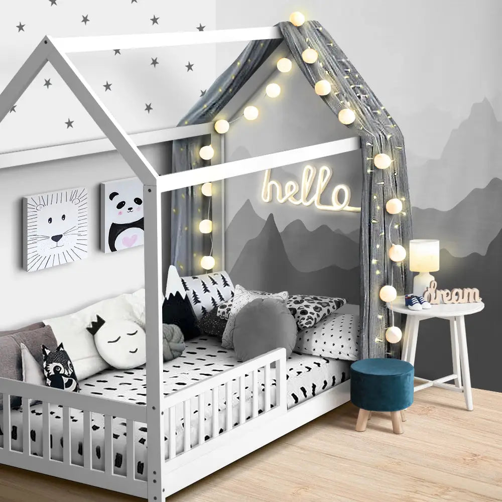 Artiss Bed Frame Wooden Kids House Frame White ROCK - Furniture > Bedroom