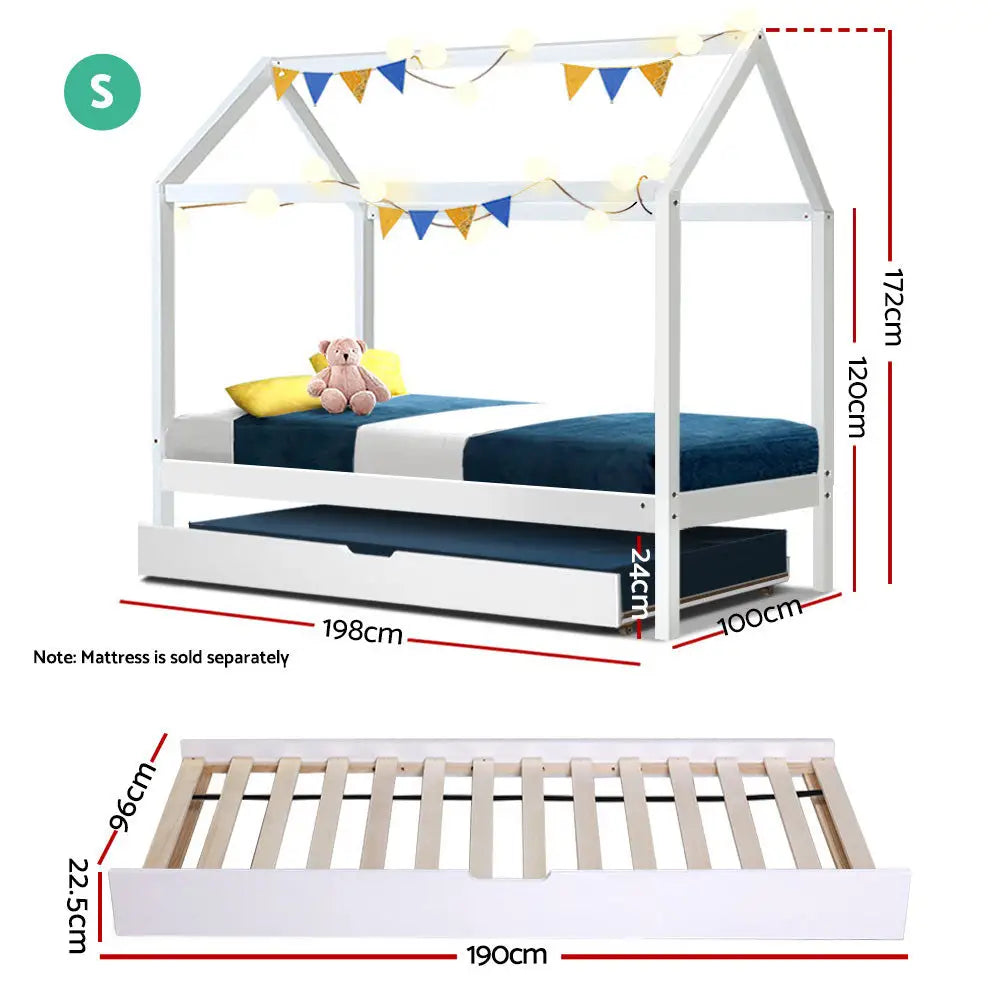 Artiss Bed Frame Wooden Trundle Daybed Kids House Frame White HOLY - Furniture > Bedroom