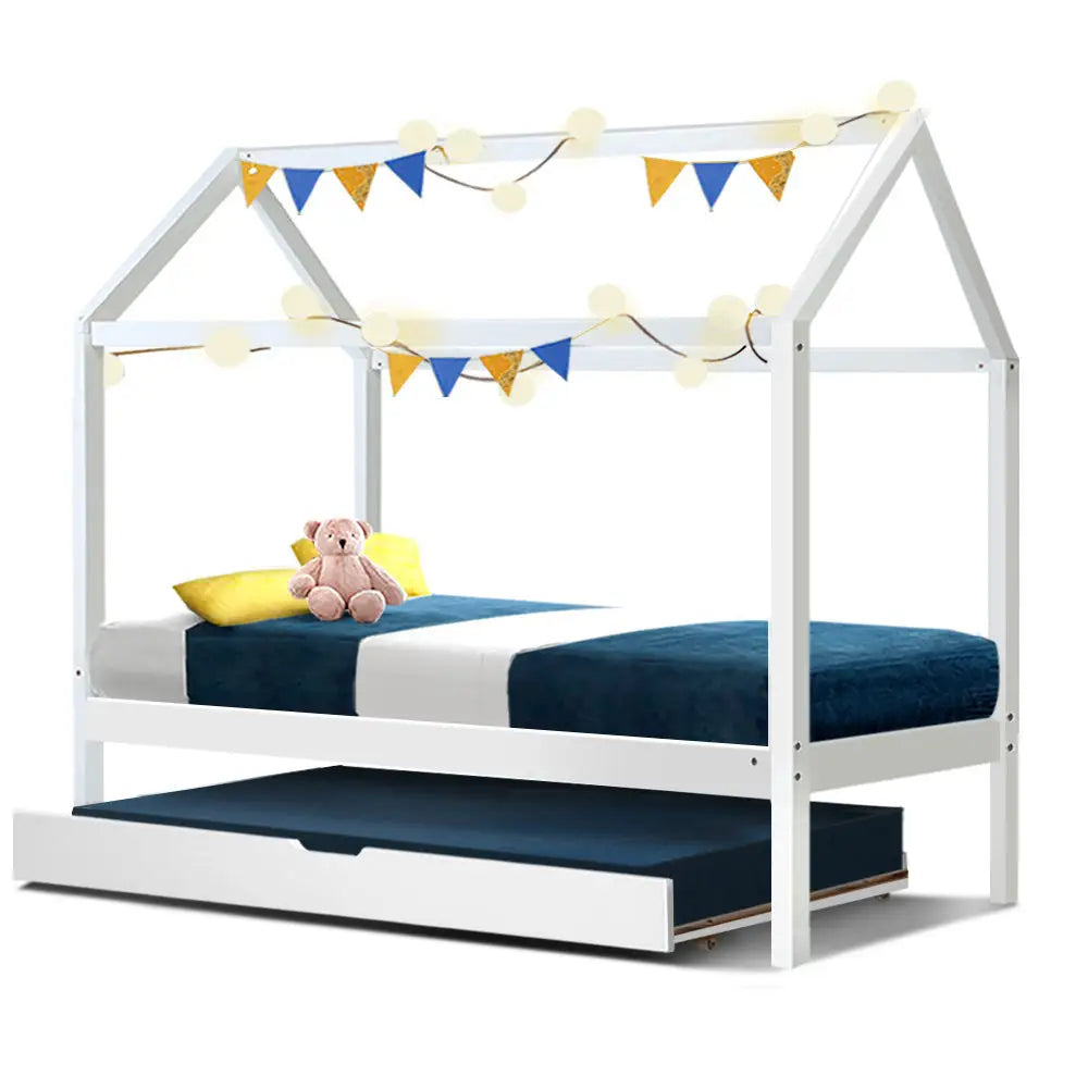 Artiss Bed Frame Wooden Trundle Daybed Kids House Frame White HOLY - Furniture > Bedroom