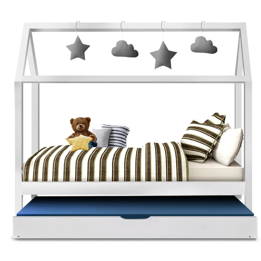 Artiss Bed Frame Wooden Trundle Daybed Kids House Frame White HOLY - Furniture > Bedroom