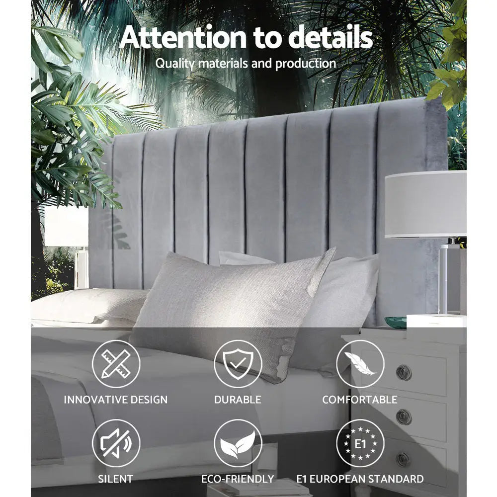 Artiss Bed Head King Size Velvet - VELA Grey - Furniture > Bedroom