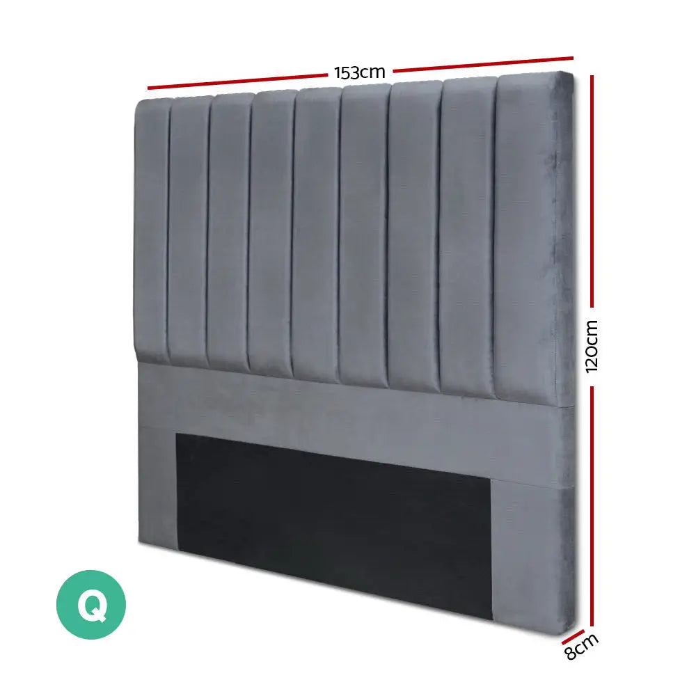 Artiss Bed Head Queen Size Velvet - VELA Grey - Furniture > Bedroom