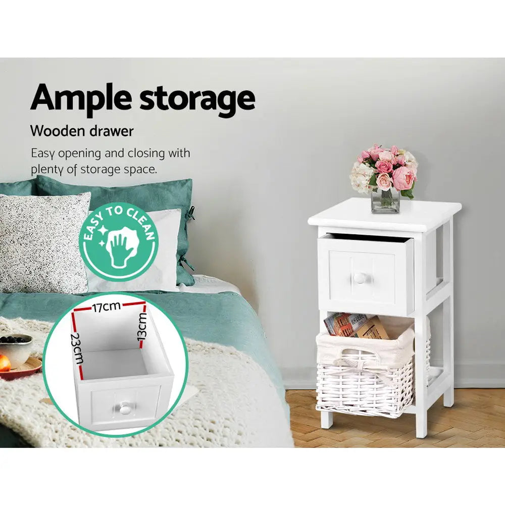 Artiss Bedside Table 1 Drawer with Basket Rustic White X2 - Furniture > Bedroom