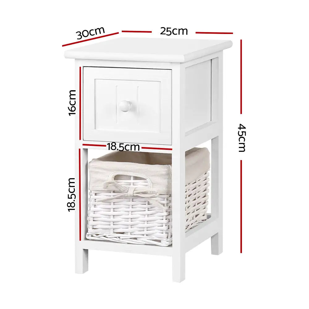 Artiss Bedside Table 1 Drawer with Basket Rustic White X2 - Furniture > Bedroom