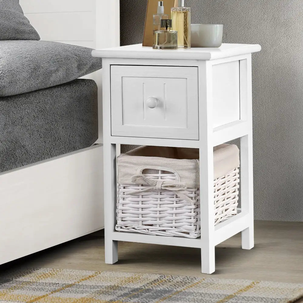 Artiss Bedside Table 1 Drawer with Basket Rustic White X2 - Furniture > Bedroom