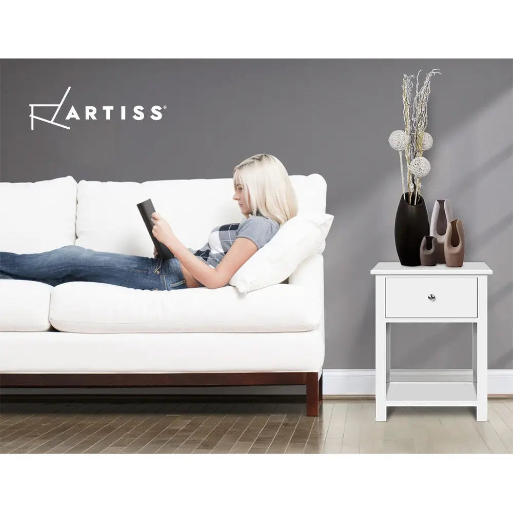 Artiss Bedside Table 1 Drawer with Shelf - EMMA White - Furniture > Bedroom