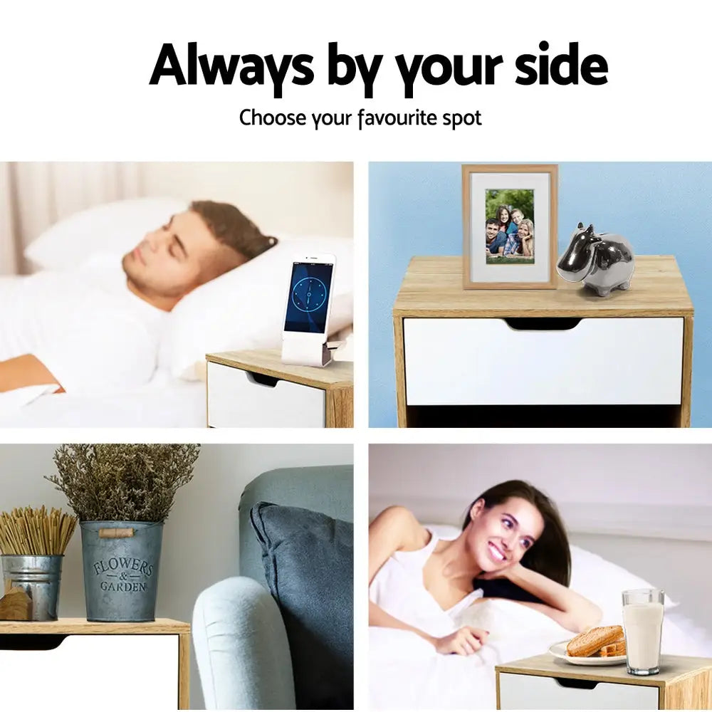 Artiss Bedside Table 1 Drawer with Shelf - IKER White & Oak - Furniture > Bedroom