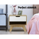 Artiss Bedside Table 1 Drawer with Shelf - IKER White & Oak - Furniture > Bedroom