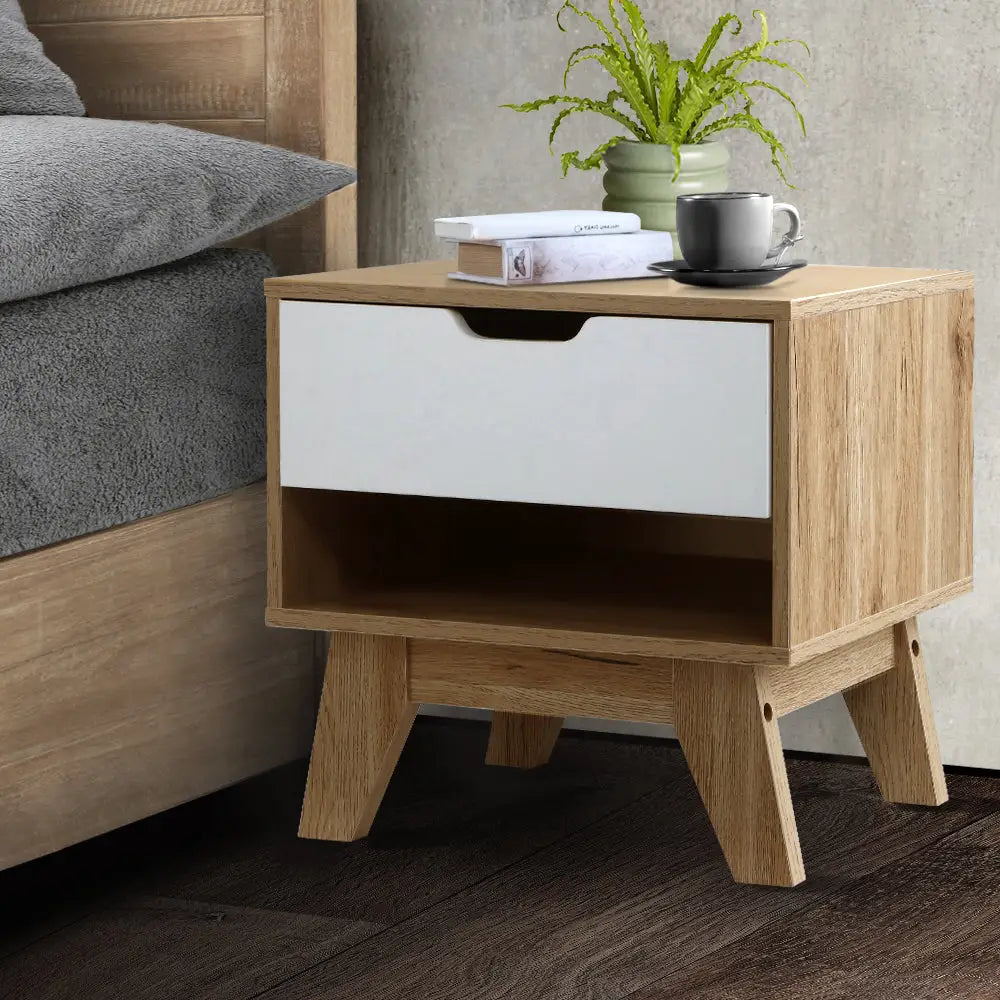 Artiss Bedside Table 1 Drawer with Shelf - IKER White & Oak - Furniture > Bedroom