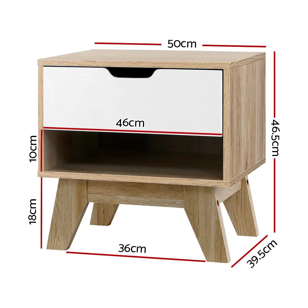 Artiss Bedside Table 1 Drawer with Shelf - IKER White & Oak - Furniture > Bedroom