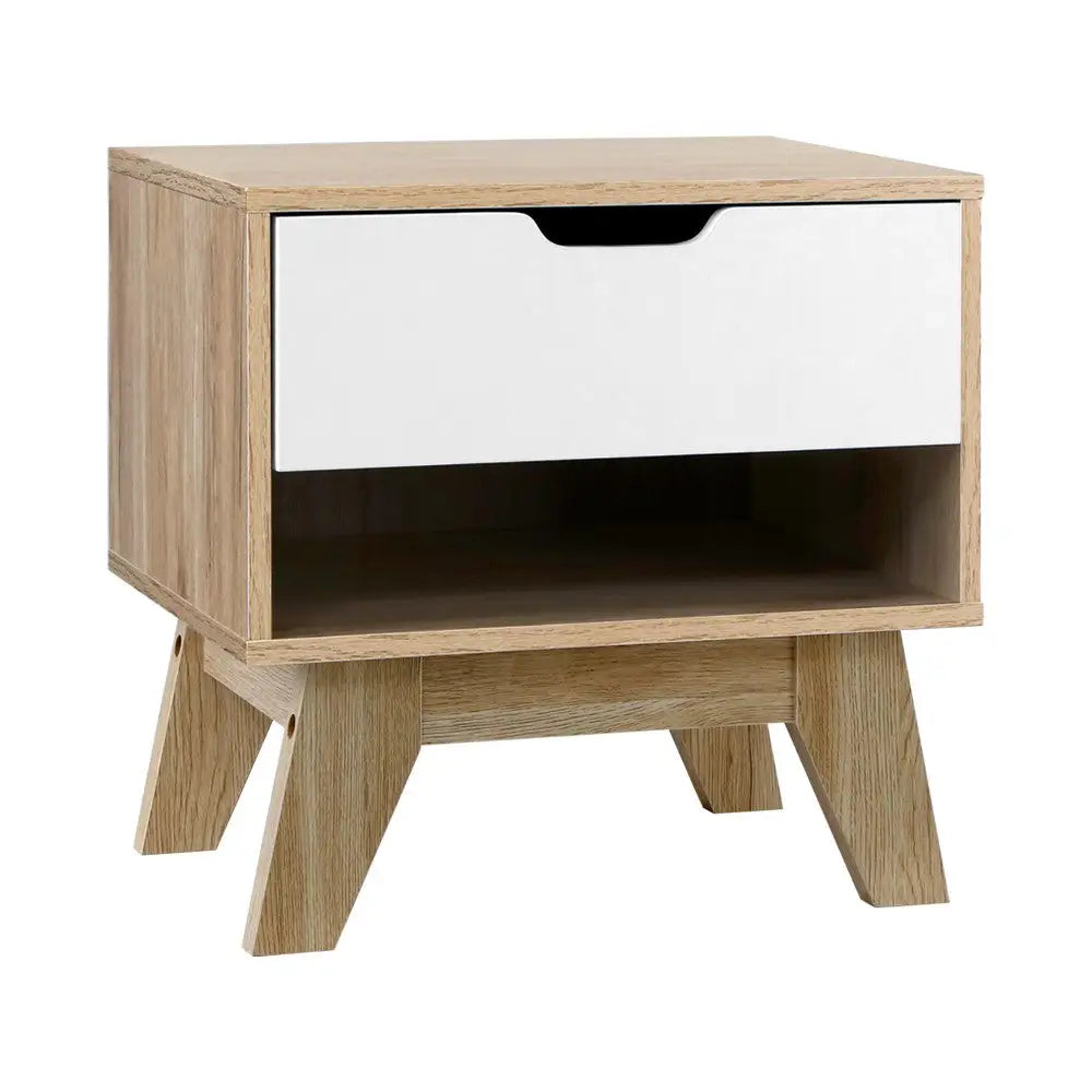 Artiss Bedside Table 1 Drawer with Shelf - IKER White & Oak - Furniture > Bedroom