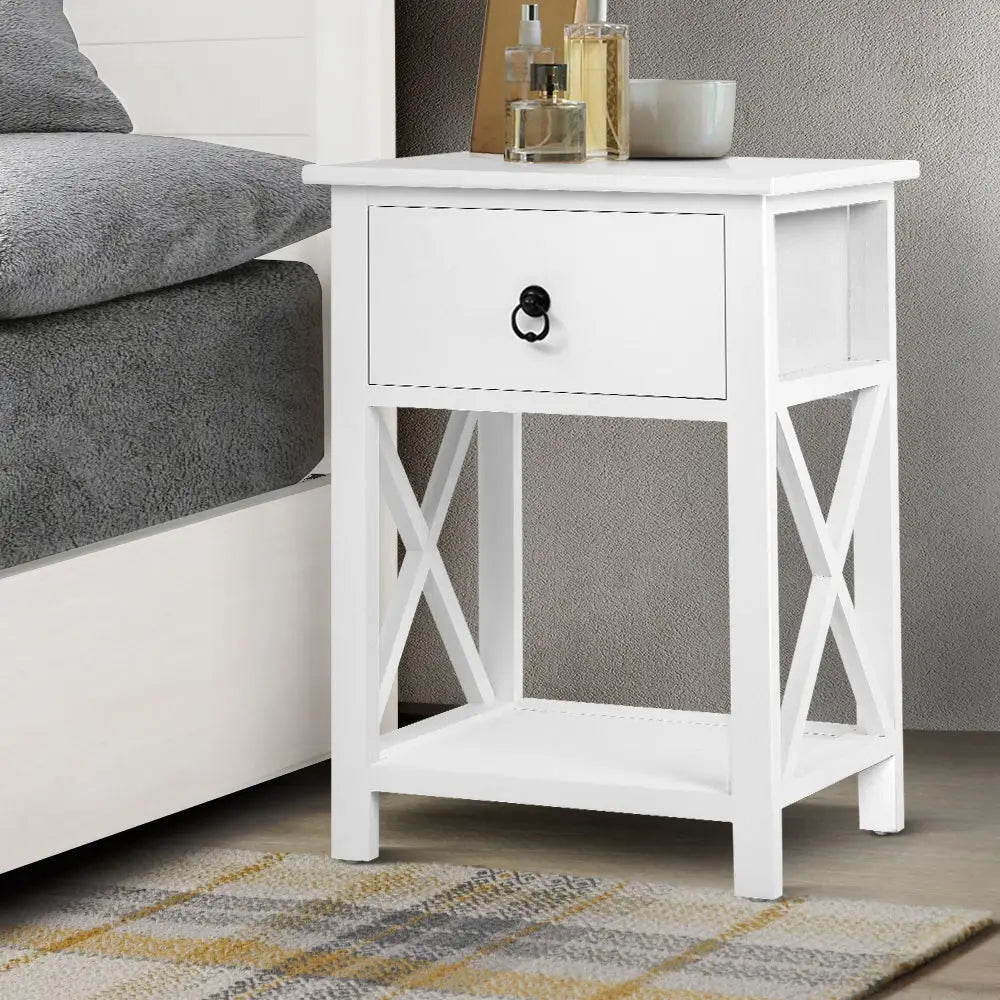 Artiss Bedside Table 1 Drawer with Shelf x2 - EMMA White - Furniture > Bedroom
