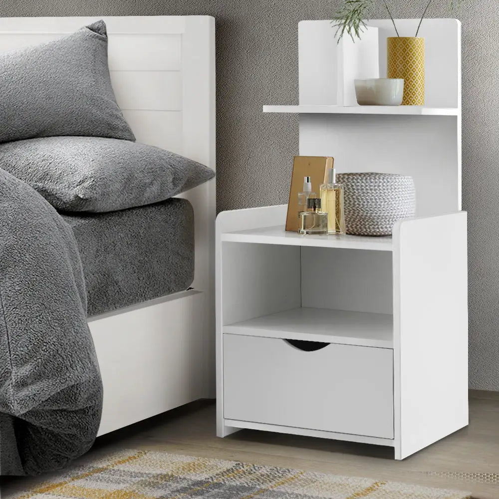Artiss Bedside Table 1 Drawer with Shelves - EVERMORE White - Furniture > Bedroom