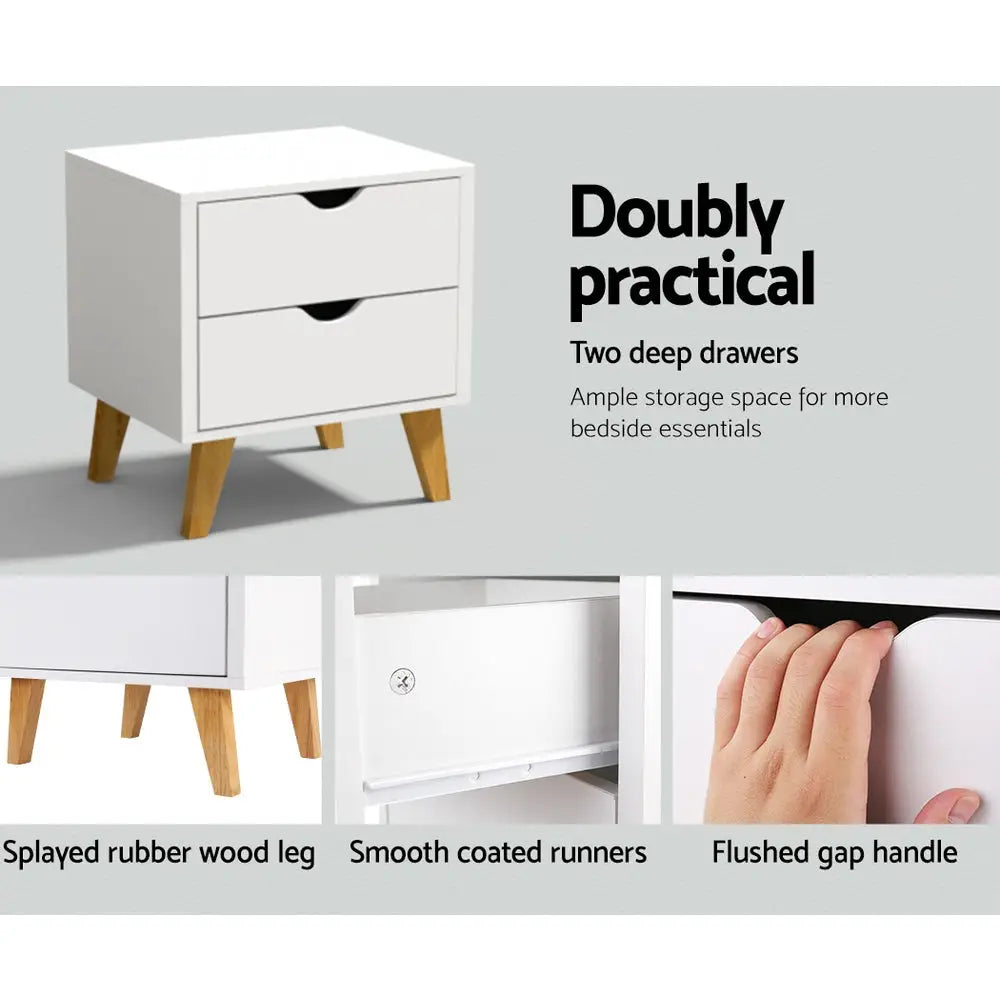 Artiss Bedside Table 2 Drawers - ANDERS White - Furniture > Bedroom > Bedside Tables