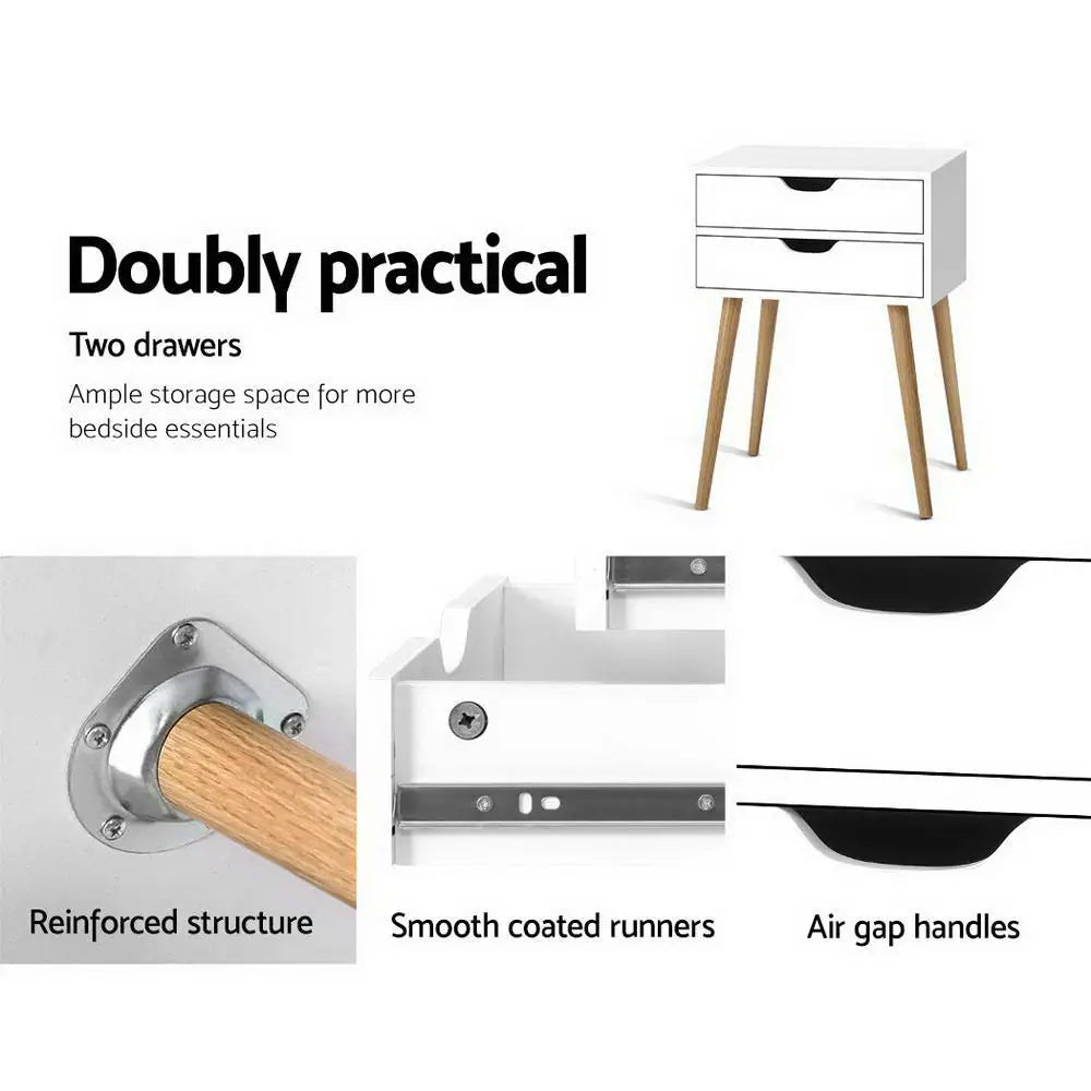 Artiss Bedside Table 2 Drawers - BODIE White - Furniture > Bedroom