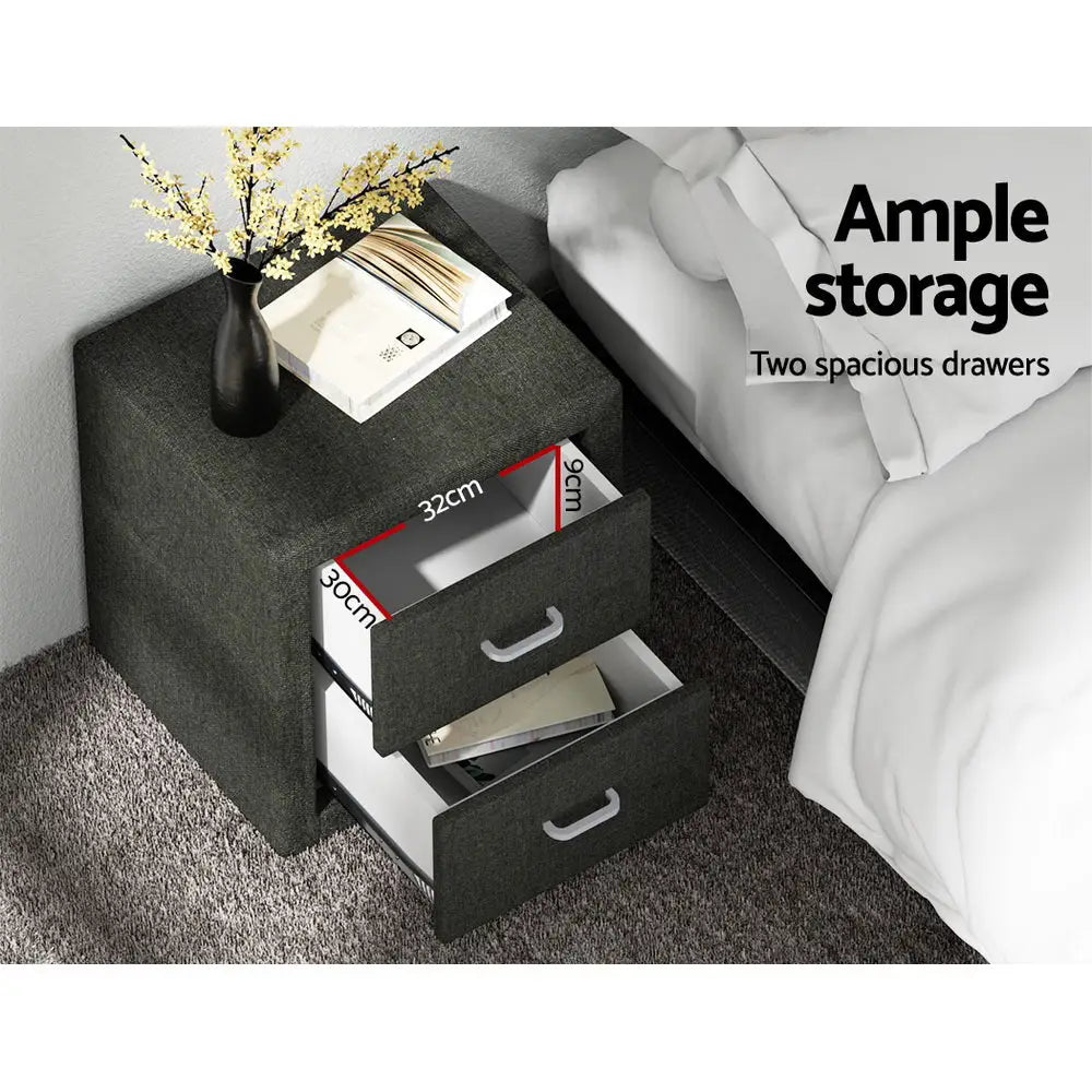 Artiss Bedside Table 2 Drawers Fabric - CADEN Charcoal - Furniture > Bedroom