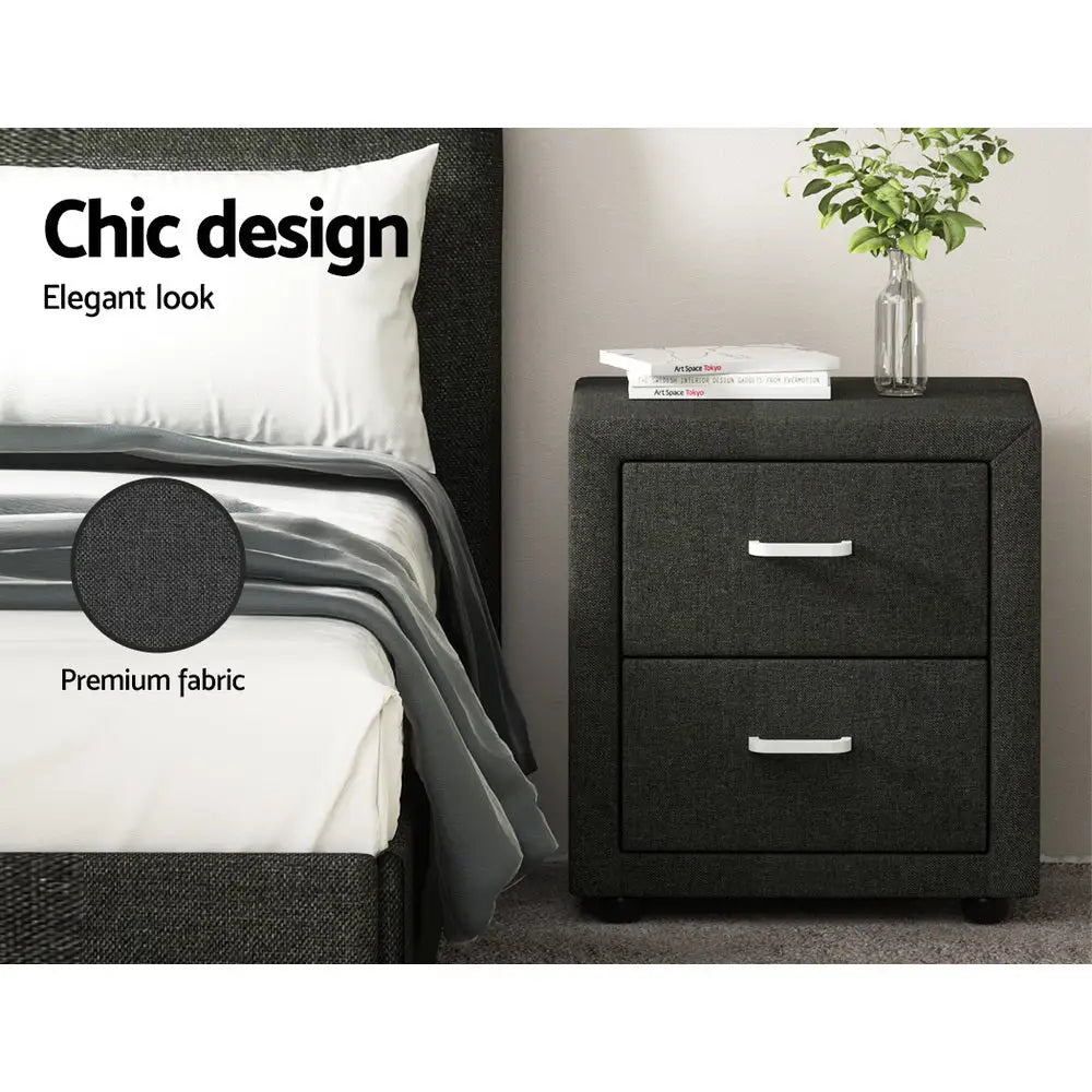 Artiss Bedside Table 2 Drawers Fabric - CADEN Charcoal - Furniture > Bedroom