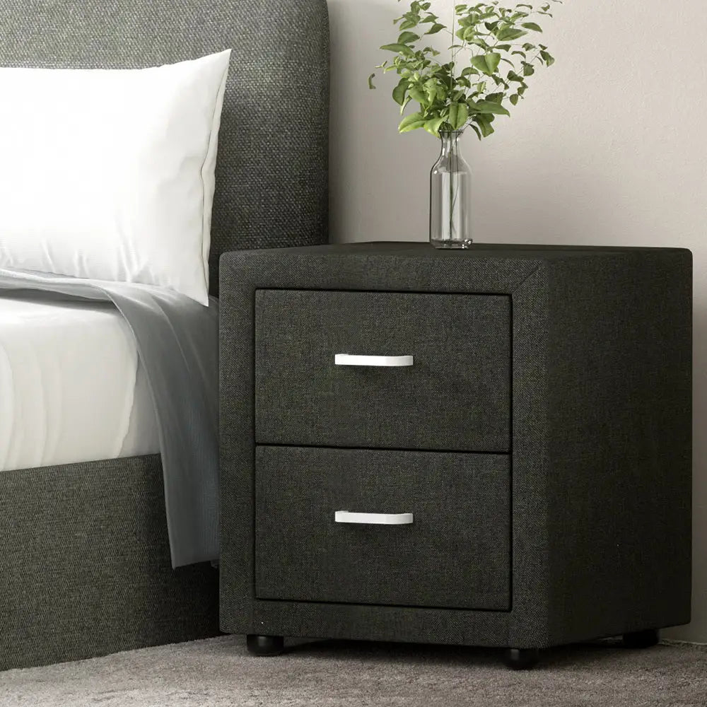 Artiss Bedside Table 2 Drawers Fabric - CADEN Charcoal - Furniture > Bedroom