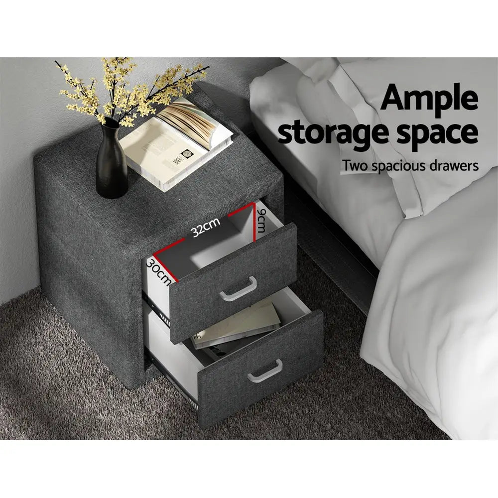 Artiss Bedside Table 2 Drawers Fabric - CADEN Grey - Furniture > Bedroom
