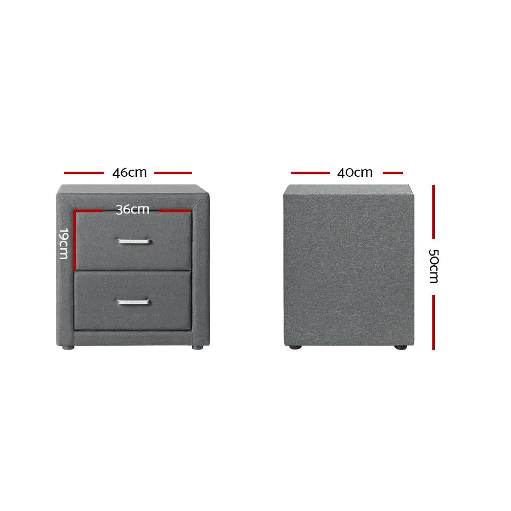 Artiss Bedside Table 2 Drawers Fabric - CADEN Grey - Furniture > Bedroom
