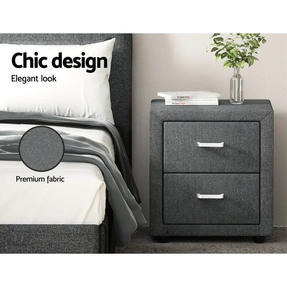 Artiss Bedside Table 2 Drawers Fabric - CADEN Grey - Furniture > Bedroom