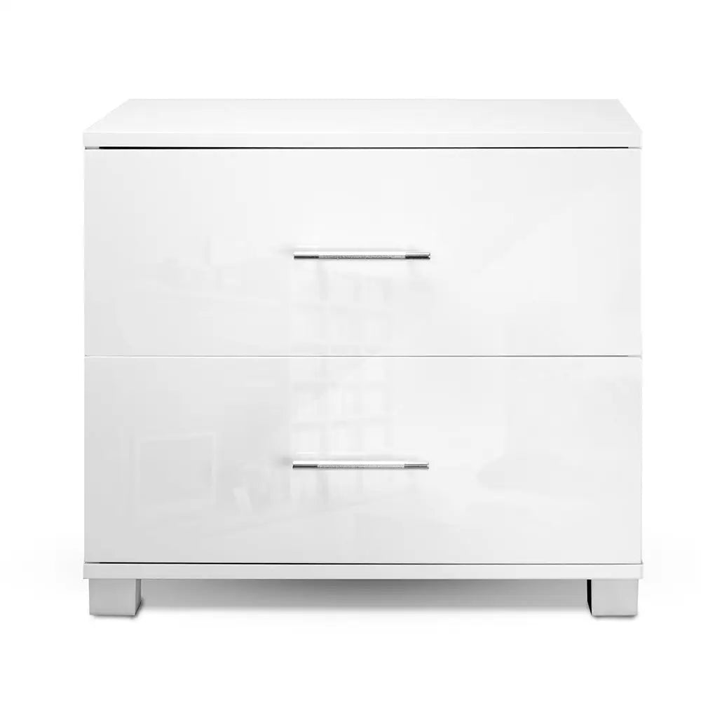 Artiss Bedside Table 2 Drawers High Gloss - White - Furniture > Bedroom