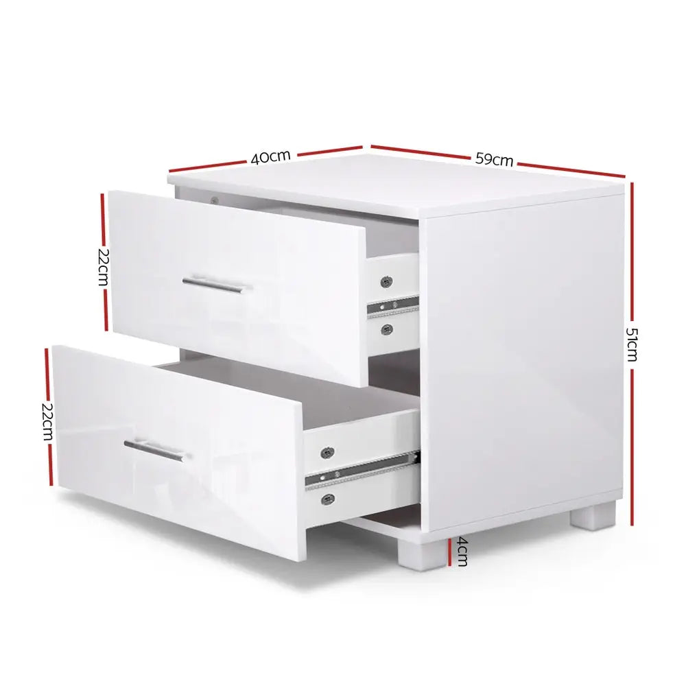 Artiss Bedside Table 2 Drawers High Gloss - White - Furniture > Bedroom