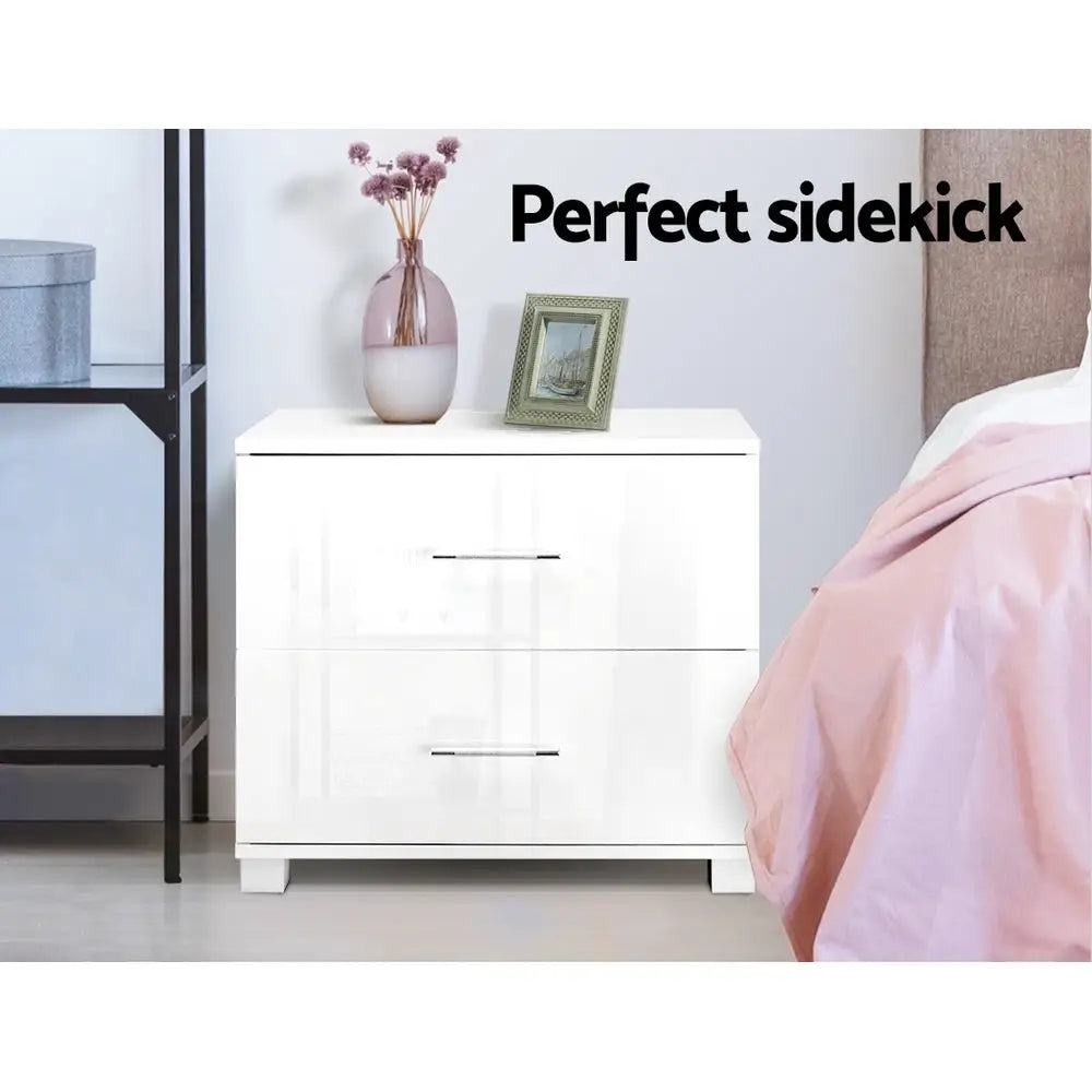 Artiss Bedside Table 2 Drawers High Gloss - White - Furniture > Bedroom