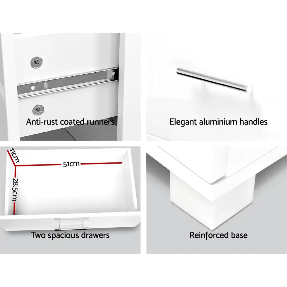 Artiss Bedside Table 2 Drawers High Gloss - White - Furniture > Bedroom