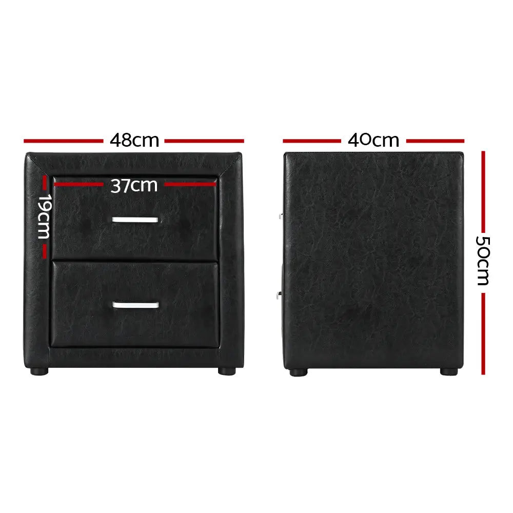 Artiss Bedside Table 2 Drawers Leather - CADEN Black - Furniture > Bedroom