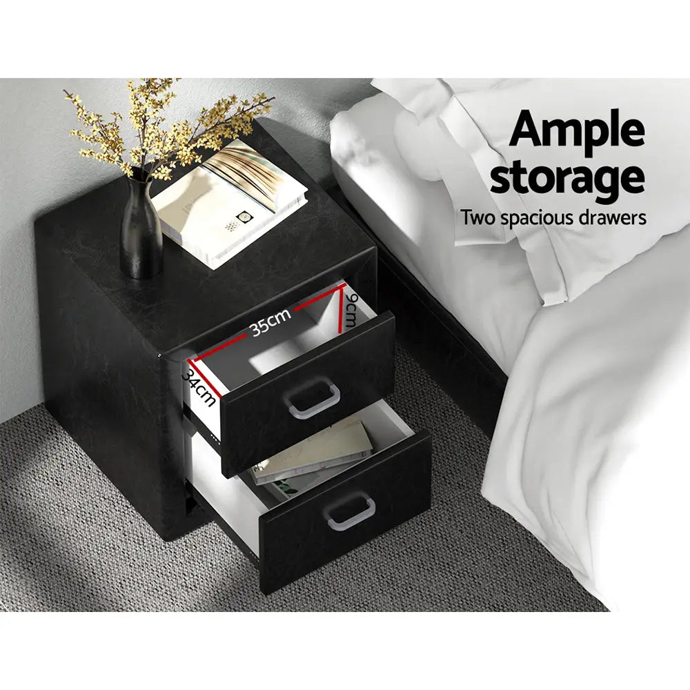 Artiss Bedside Table 2 Drawers Leather - CADEN Black - Furniture > Bedroom