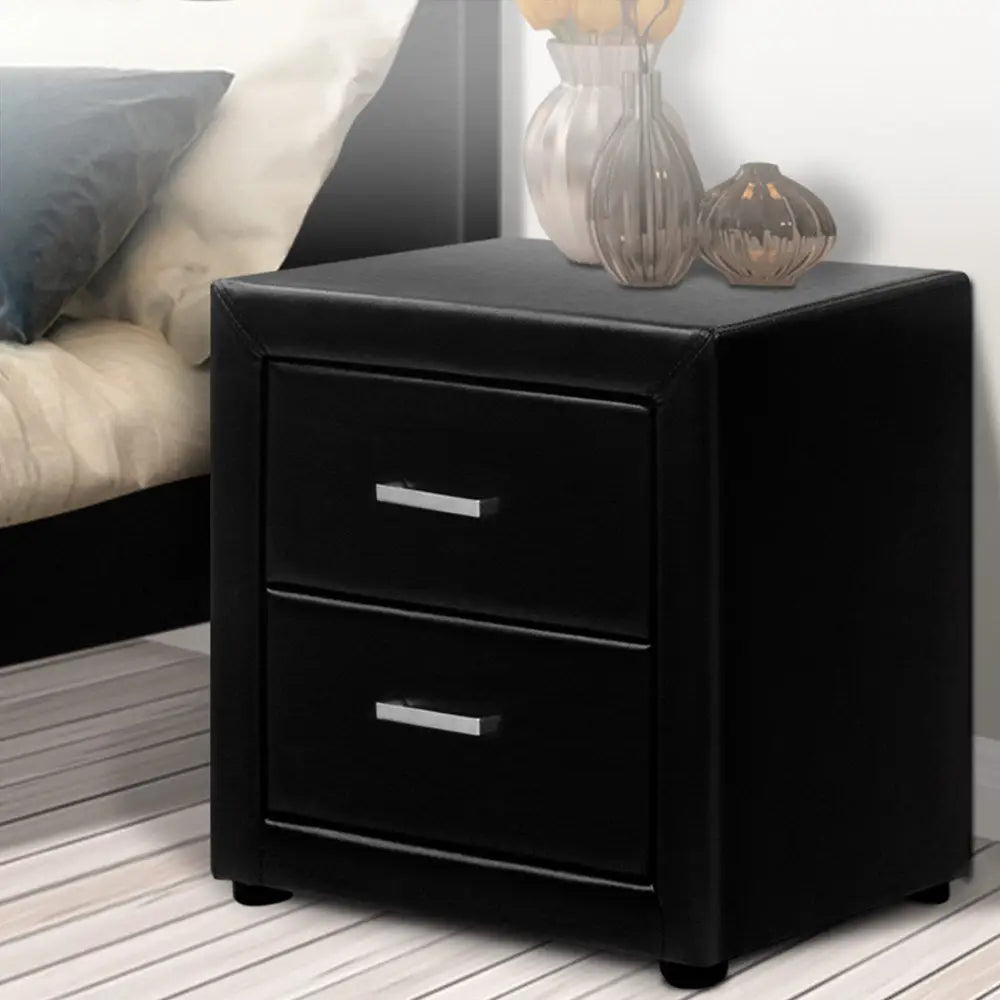 Artiss Bedside Table 2 Drawers Leather - CADEN Black - Furniture > Bedroom