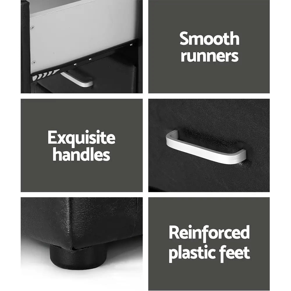 Artiss Bedside Table 2 Drawers Leather - CADEN Black - Furniture > Bedroom