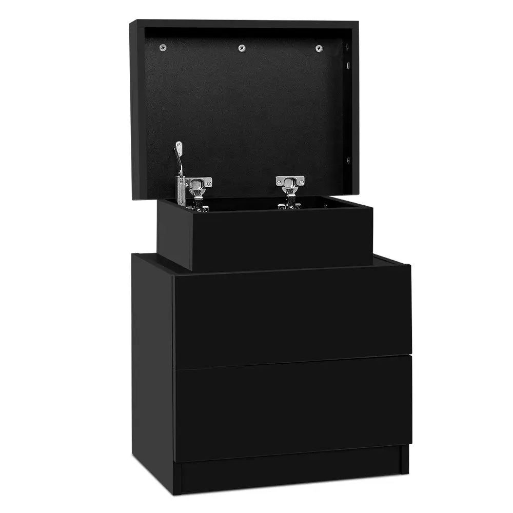 Artiss Bedside Table 2 Drawers Lift-up Storage - COLEY Black - Furniture > Bedroom
