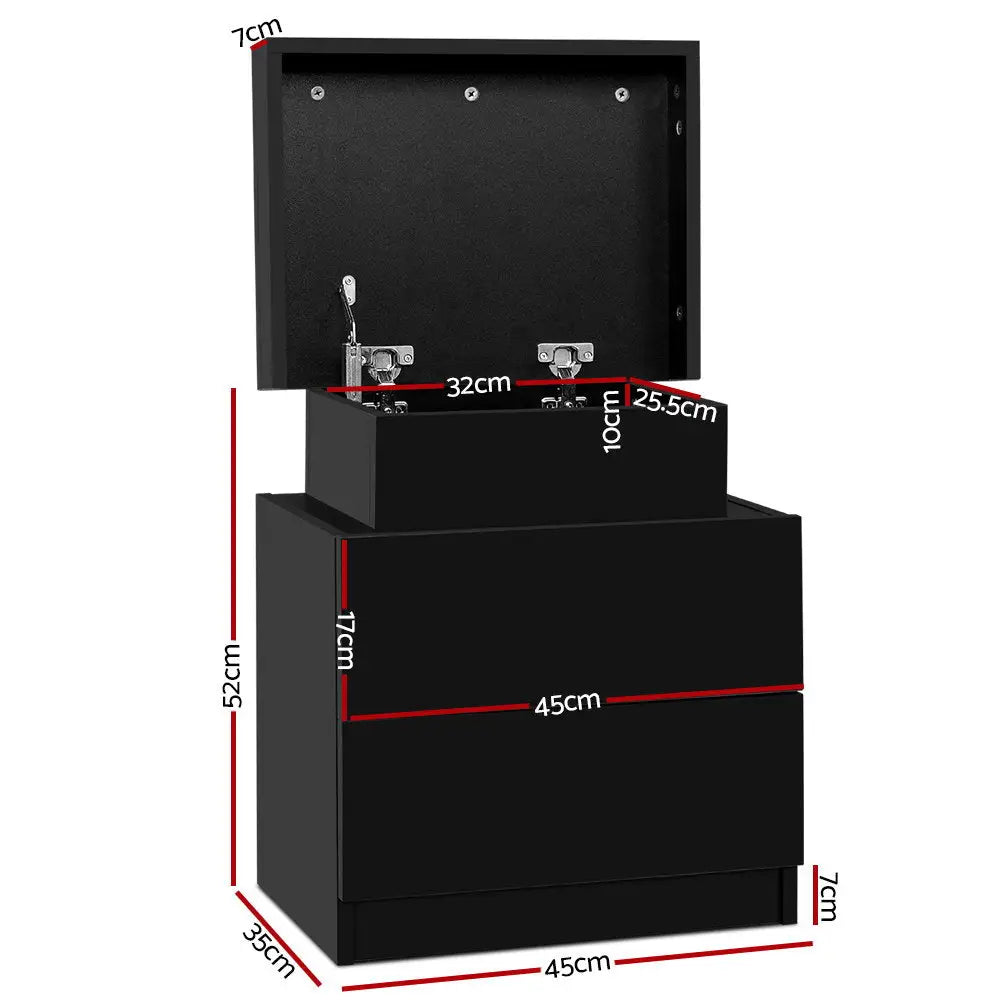 Artiss Bedside Table 2 Drawers Lift-up Storage - COLEY Black - Furniture > Bedroom