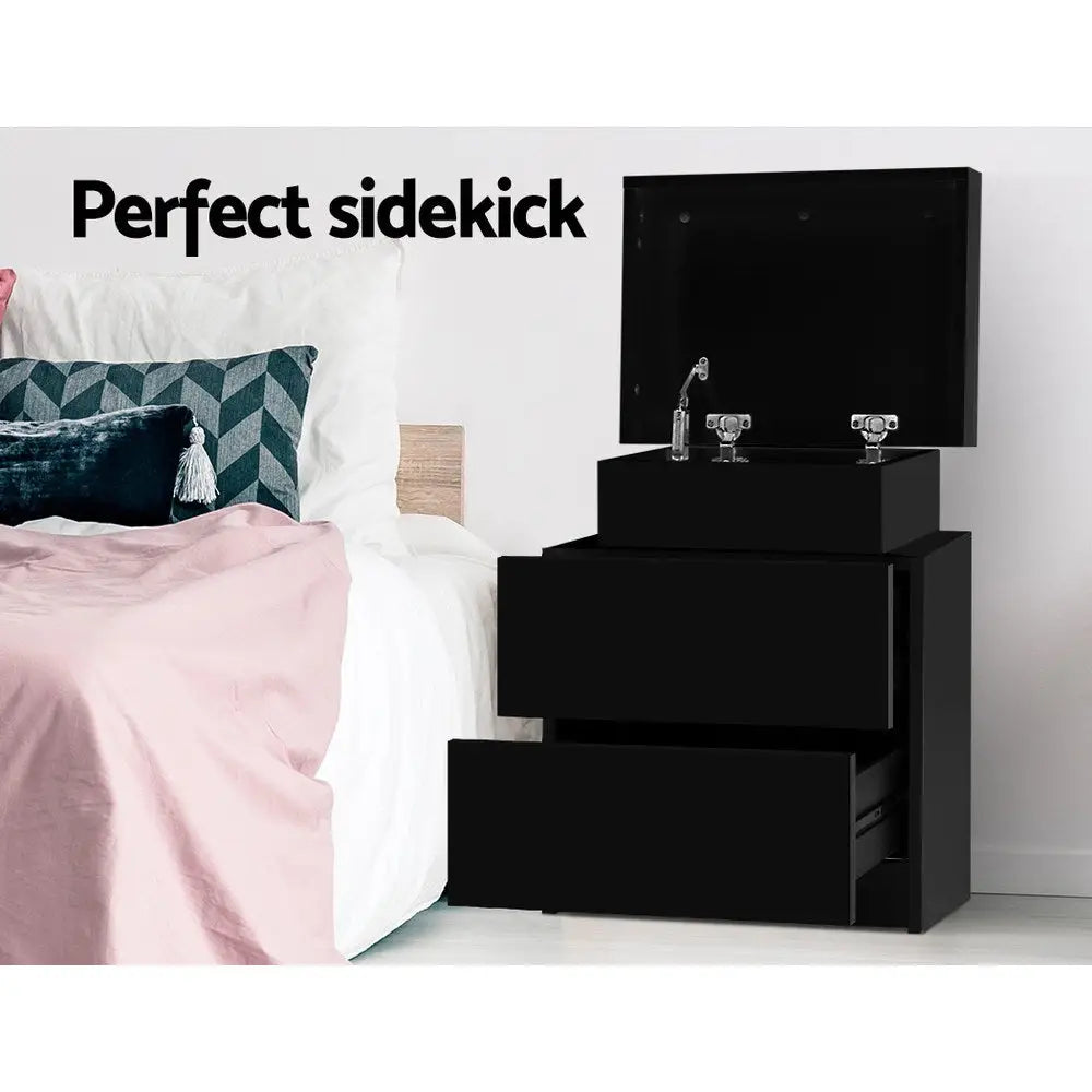 Artiss Bedside Table 2 Drawers Lift-up Storage - COLEY Black - Furniture > Bedroom