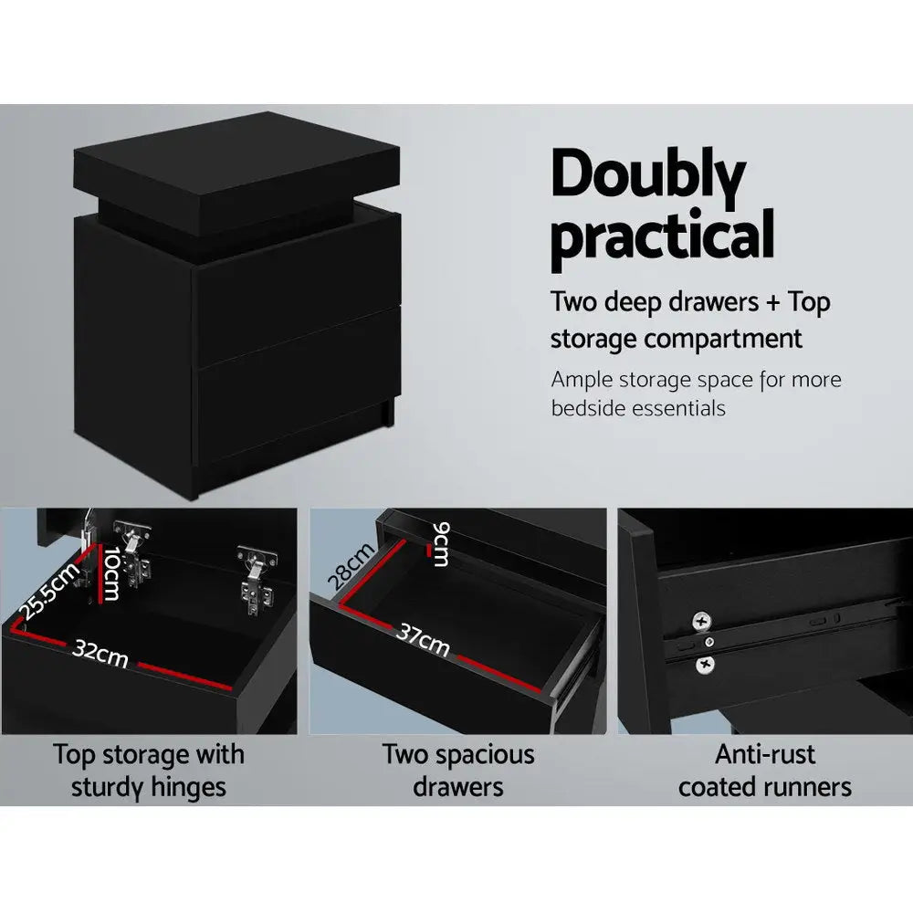 Artiss Bedside Table 2 Drawers Lift-up Storage - COLEY Black - Furniture > Bedroom