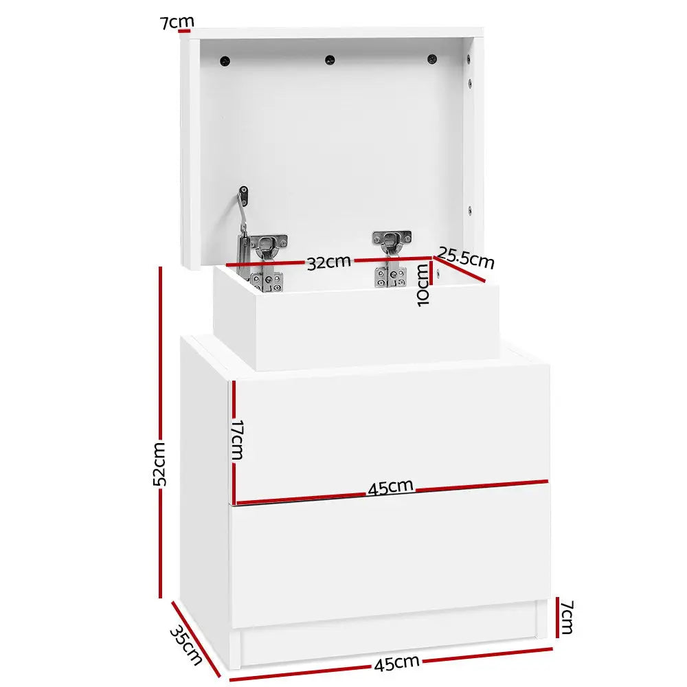 Artiss Bedside Table 2 Drawers Lift-up Storage - COLEY White - Furniture > Bedroom