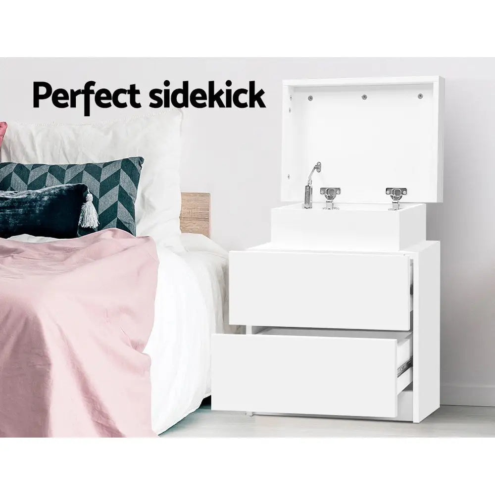 Artiss Bedside Table 2 Drawers Lift-up Storage - COLEY White - Furniture > Bedroom