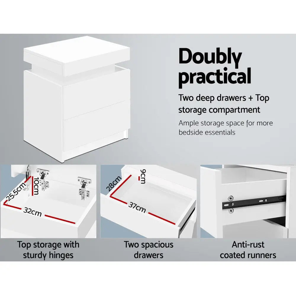 Artiss Bedside Table 2 Drawers Lift-up Storage - COLEY White - Furniture > Bedroom