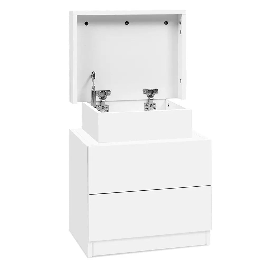 Artiss Bedside Table 2 Drawers Lift-up Storage - COLEY White - Furniture > Bedroom