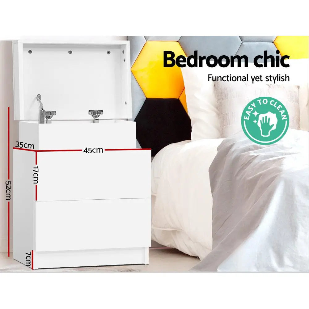 Artiss Bedside Table 2 Drawers Lift-up Storage - COLEY White - Furniture > Bedroom