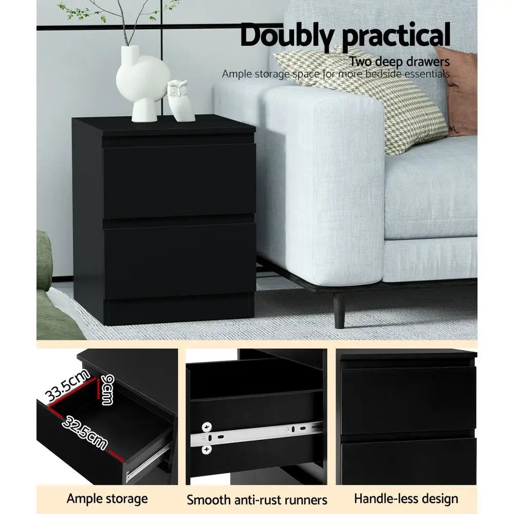 Artiss Bedside Table 2 Drawers - PEPE Black - Furniture > Bedroom
