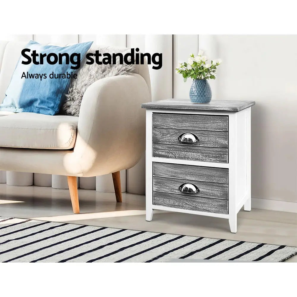 Artiss Bedside Table 2 Drawers Vintage X2 - THYME Grey - Furniture > Bedroom