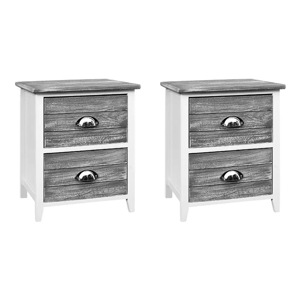 Artiss Bedside Table 2 Drawers Vintage X2 - THYME Grey - Furniture > Bedroom