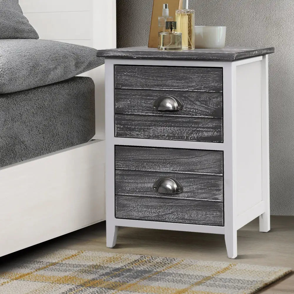 Artiss Bedside Table 2 Drawers Vintage X2 - THYME Grey - Furniture > Bedroom